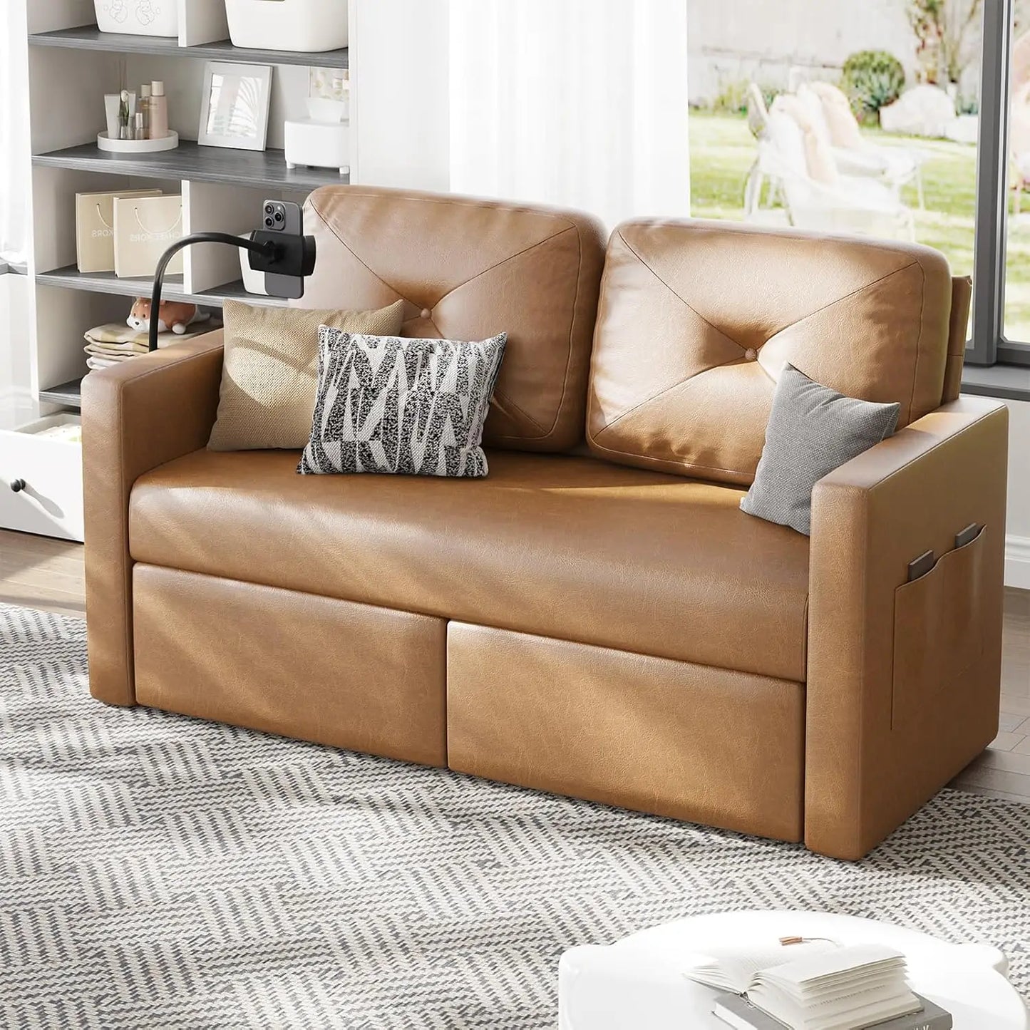 Vabches Leather Loveseat Sofa 2-Seater Sofa with Charging Ports&Storage Comfy Solid Wooden Frame Couches for Living Room Bedroom