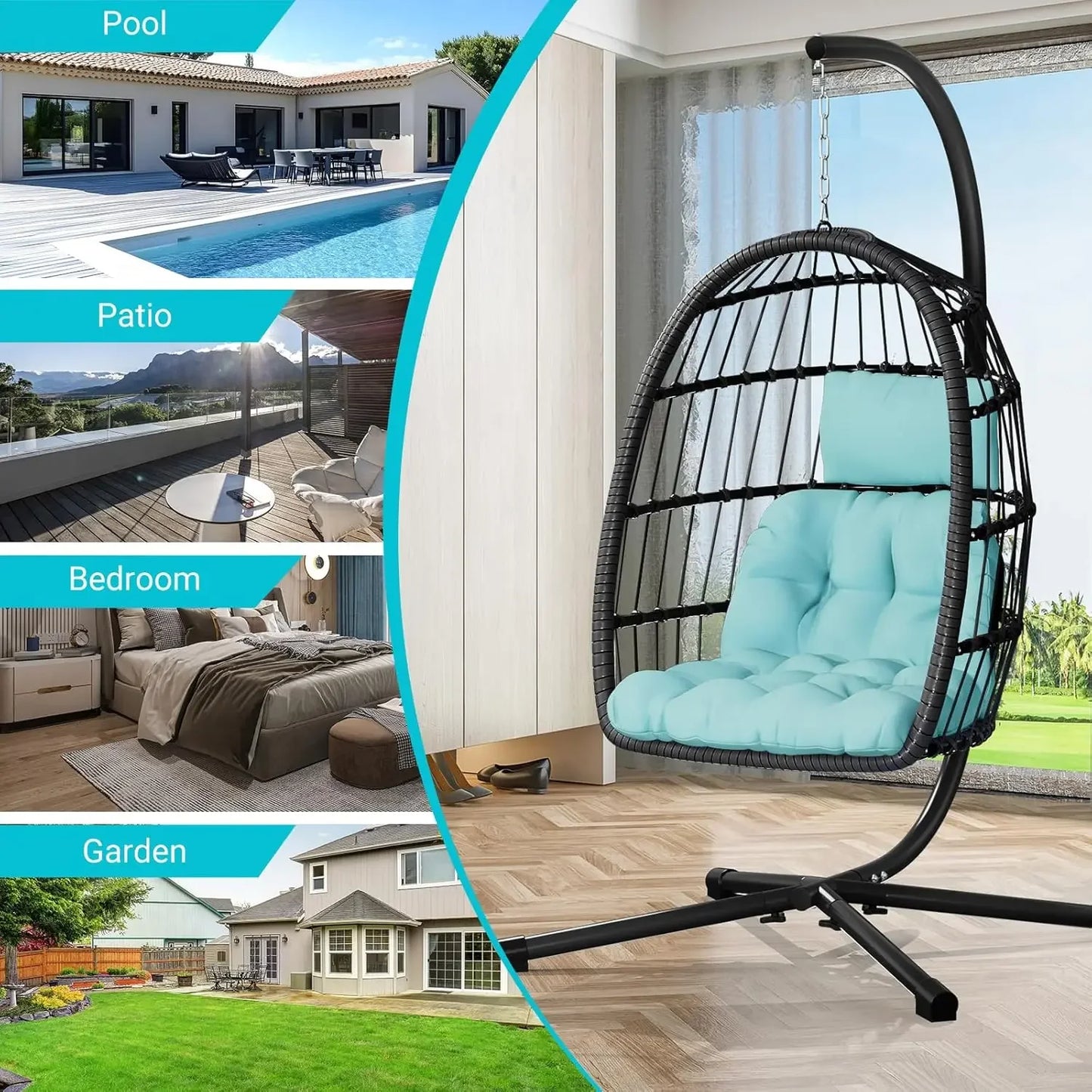 Egg Chair with Stand,Patio Rattan Wicker Hanging Swing Egg Chair Hammock Chair for Bedroom Porch Garden,
