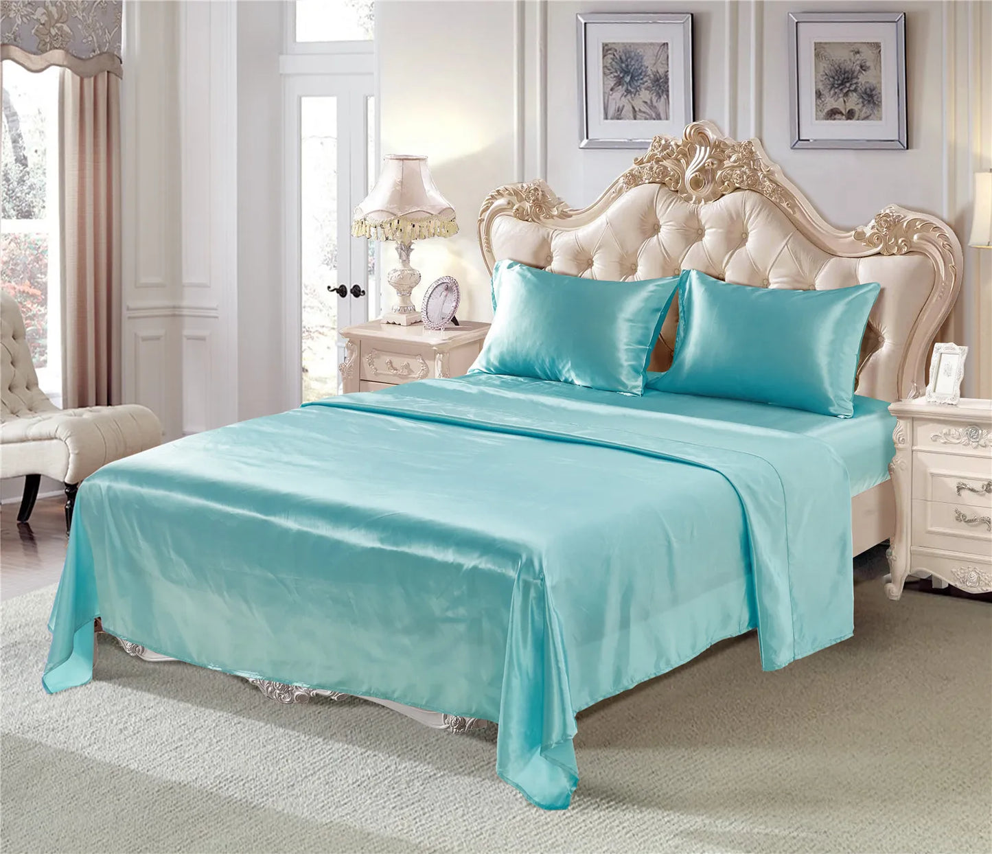 Home Living Luxury Smooth 3pcs Bedding Sets Solid Satin Pillow Case Flat Seet Fitted Sheet King Size Bedding Sets For Bedroom