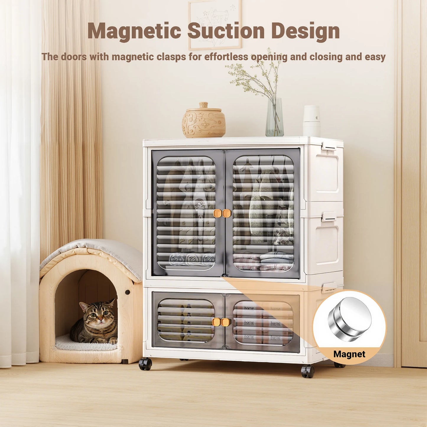 Foldable Multi-layer Plastic Storage Box with Wheels,Clothing Storage Cabinet,Folding Storage Cabinet Small Wardrobe Storage Box