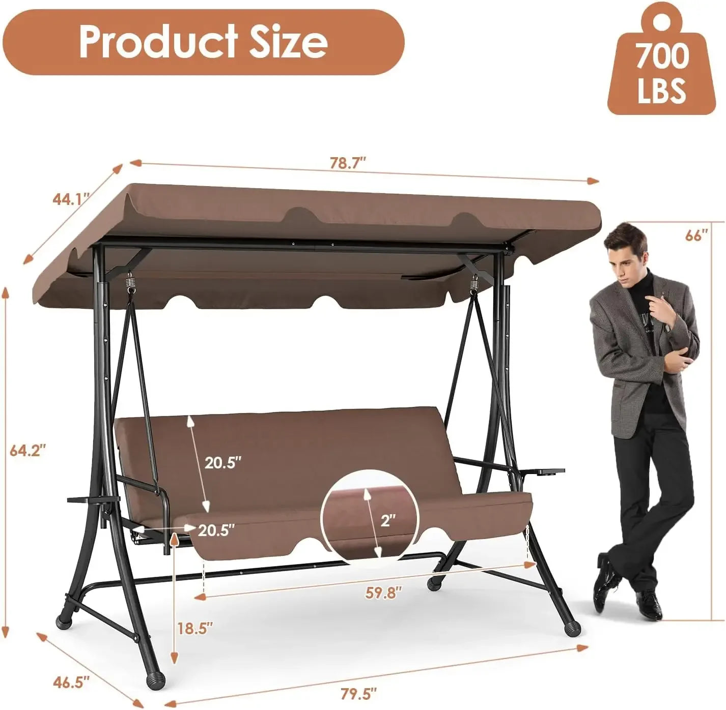 2-in-1 Outdoor Patio Swing 3-Seat Porch Swing with Adjustable Canopy and Removable Cushions, Perfect for Patio, Backyard,