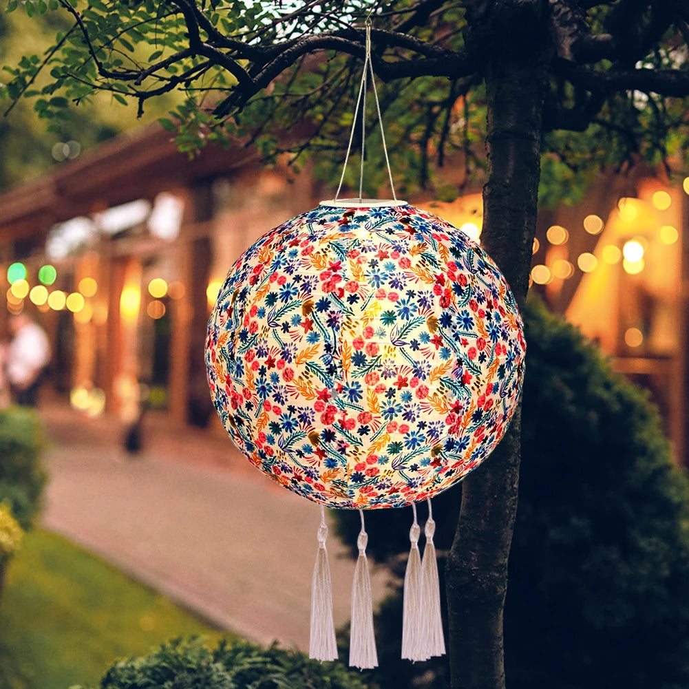 Chinese Round Hanging Lamp, Solar Printed Lantern, Waterproof Nylon LED Light, Outdoor Garden Party Decoration, 12"