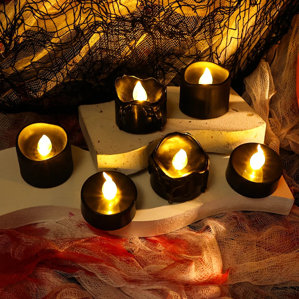 12PCS Flameless Black LED Electronic Candles Battery Operated Yellow Light for Halloween Xmas Wedding Party Decoration