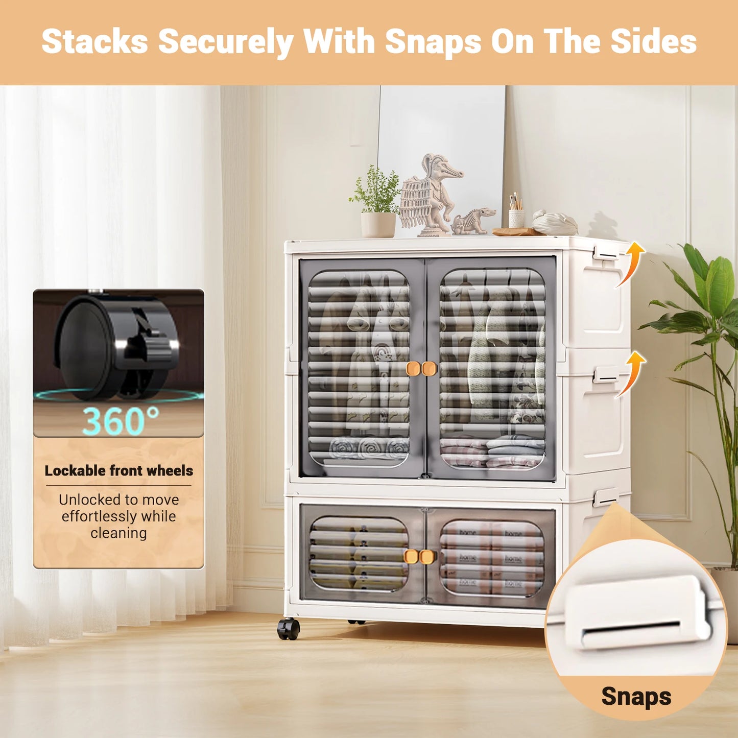 Foldable Multi-layer Plastic Storage Box with Wheels,Clothing Storage Cabinet,Folding Storage Cabinet Small Wardrobe Storage Box