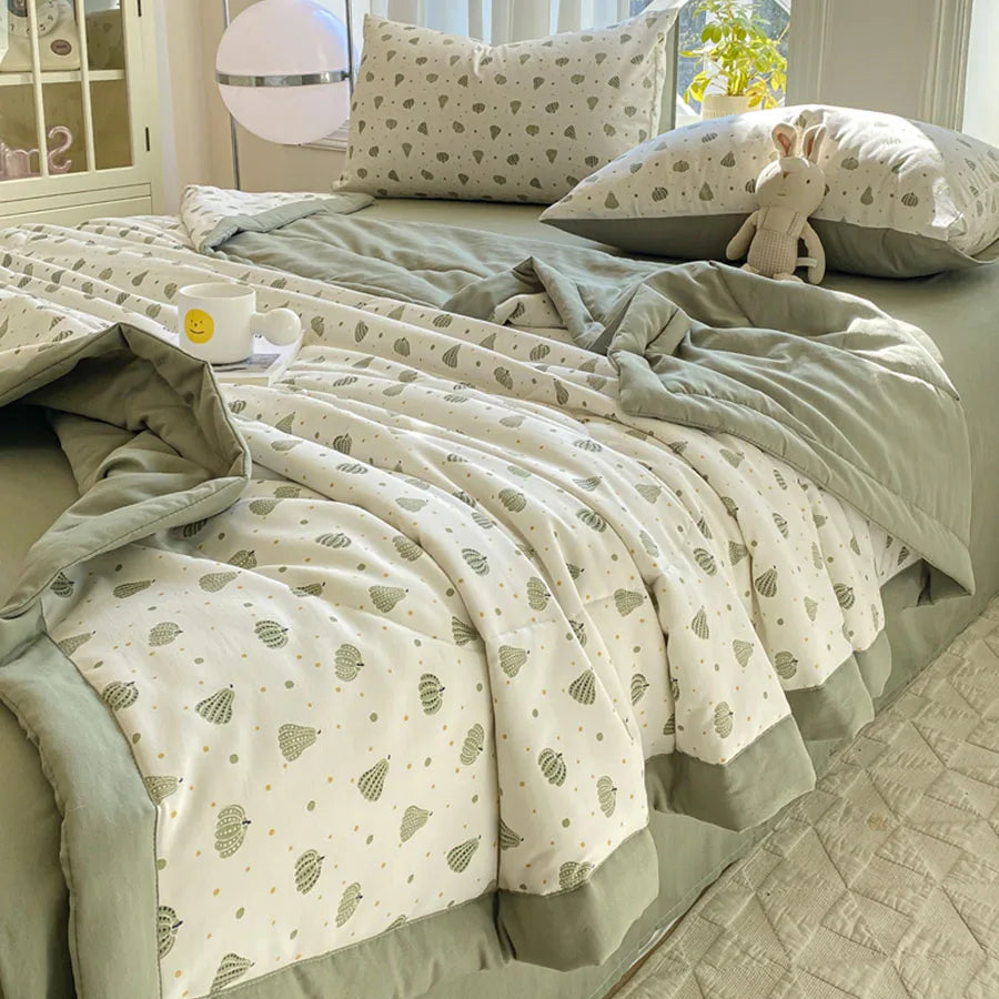 Knitted Cotton Double Gauze Summer Comforter Ultra-Soft Breathable Cooling Blanket Machine Washable Air Conditioner Comforter