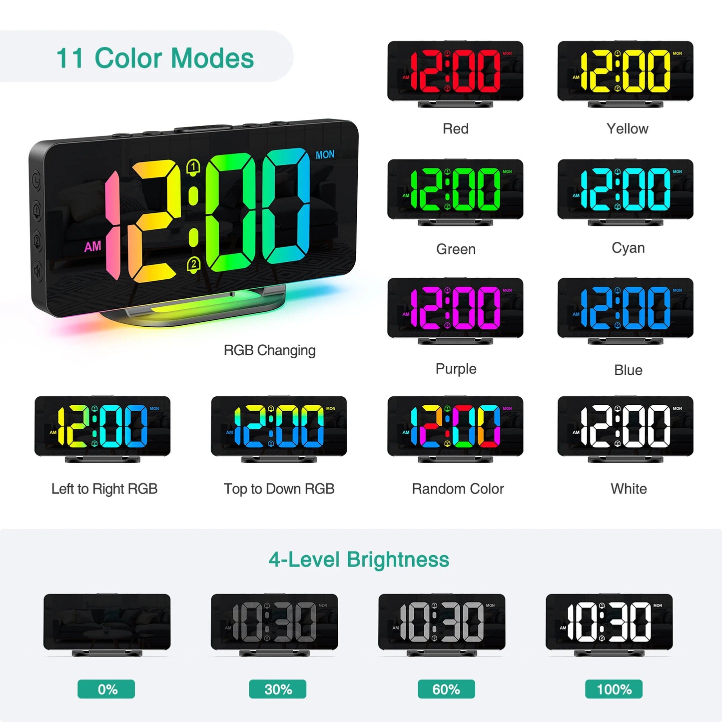 ORIA Digital Alarm Clock RGB LED Digital Clocks Colorful Clocks With Atmosphere Night Light for Home Office Best Gifts