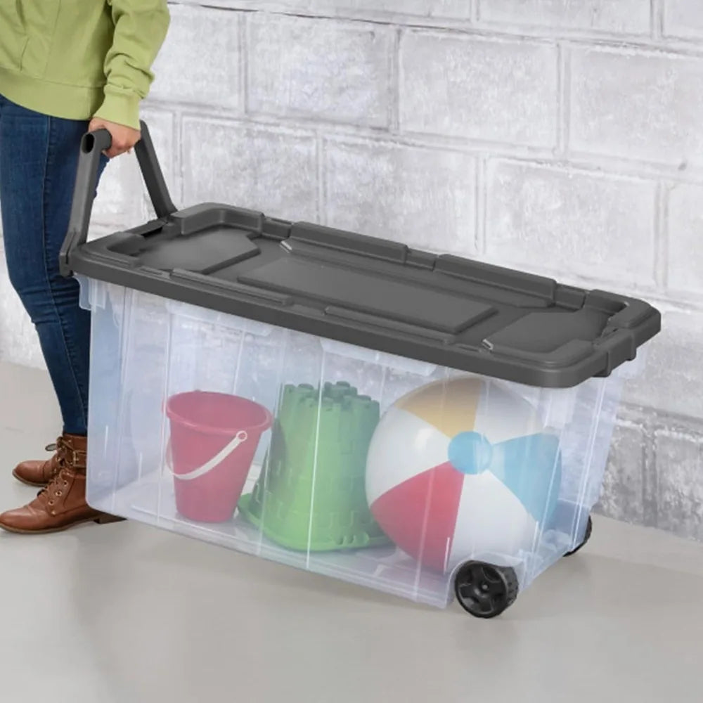 160 Quart Plastic Stacker Box, Lidded Storage Bin Container for Home and Garage Organizing, Shoes, Tools