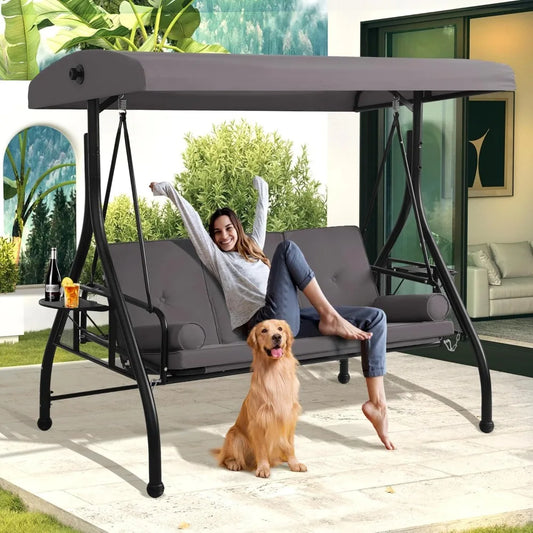 3-Seat Outdoor Patio Swings with Canopy Adjustable Porch Swing with Stand, Upgrade Pillows Cushions and Foldable Side Tray for