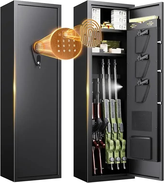 Black Steel Gun Safe with Quick Access Biometric & Key Lock Alarm Adjustable Shelves Gun Racks for 5 Rifles And 3 Pistols