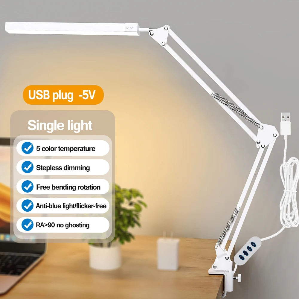 LED Desk Lamp Swing Arm Desk Light with Clamp 3 Lighting 10 Brightness Table Lamp Eye-Caring Reading Desk Lamps for Home Office