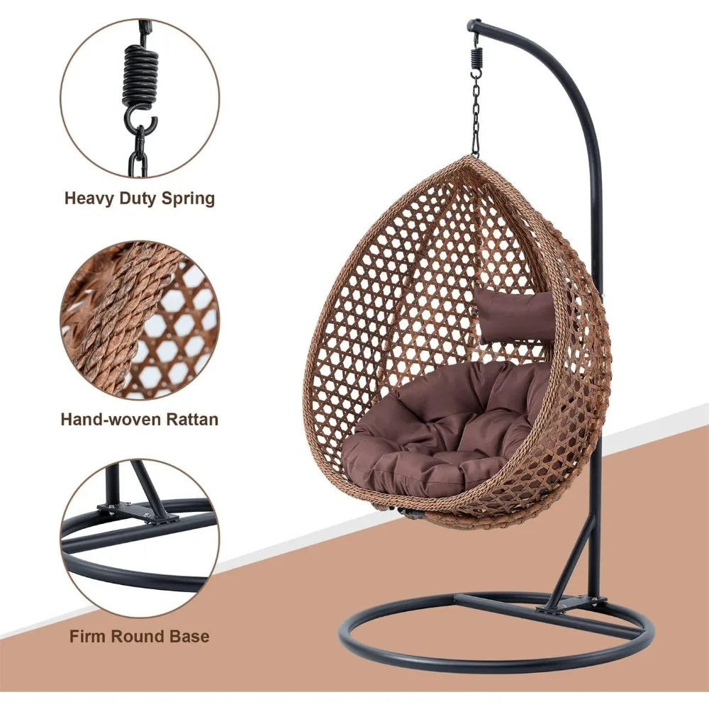 Standing vine hanging egg swing chair, foldable basket indoor or outdoor, cushion and pillow relaxation swing chair
