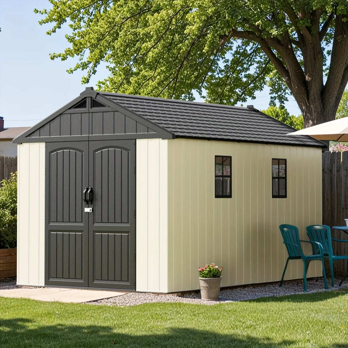 8x12 FT Outdoor Storage Shed, Plastic Shed Resin Garden Shed with Floor Window Lockable Door for Patio Furniture, Backyard Tools