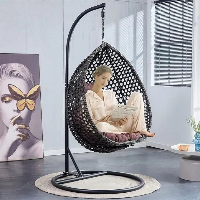 Standing vine hanging egg swing chair, foldable basket indoor or outdoor, cushion and pillow relaxation swing chair