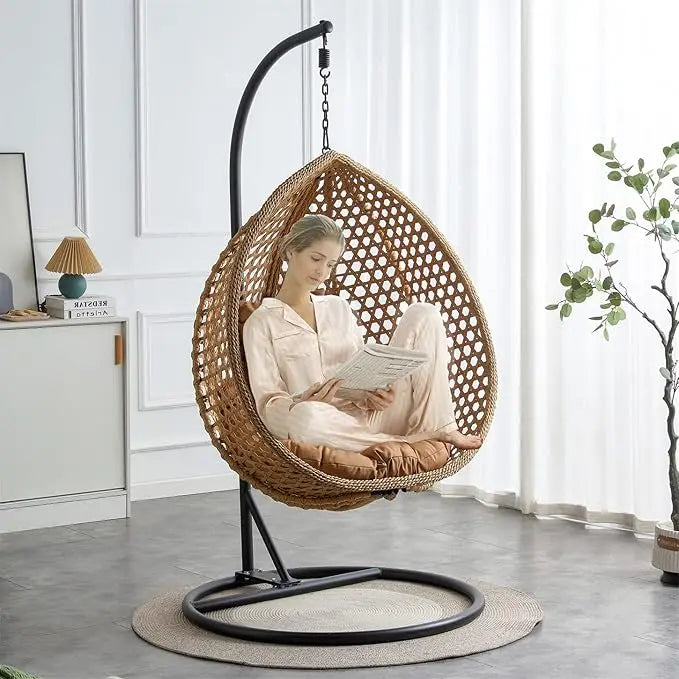 Standing vine hanging egg swing chair, foldable basket indoor or outdoor, cushion and pillow relaxation swing chair