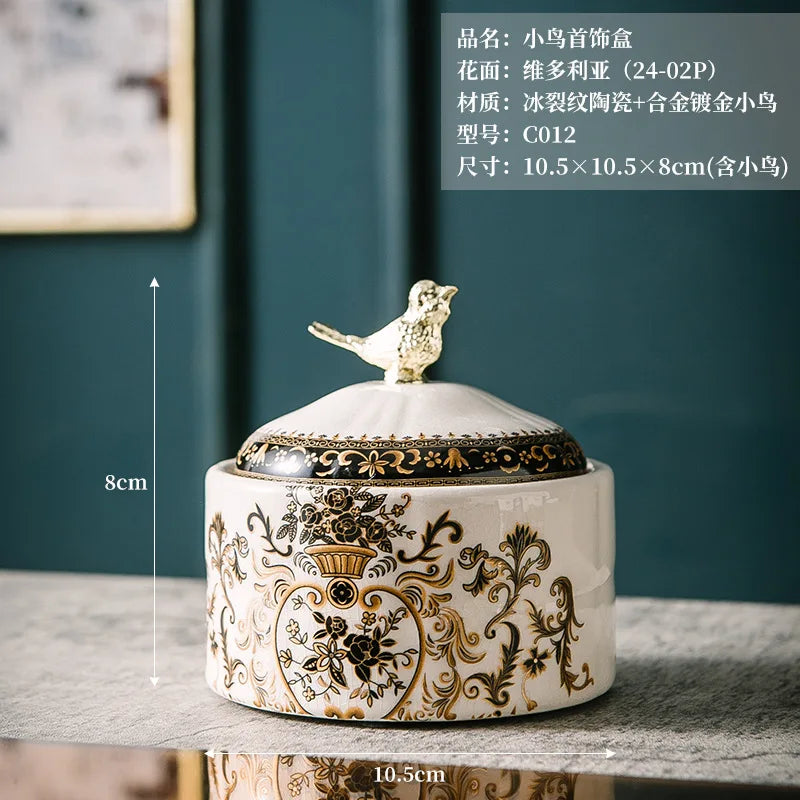 American retro ceramic bird jewelry jewelry storage box European ice cracked porcelain ornament