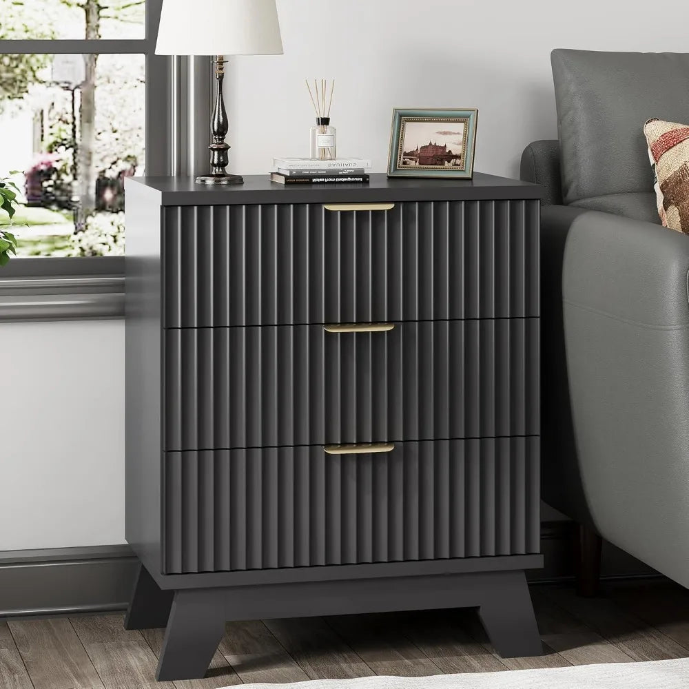 Fluted Nightstand, 24" Wide Side Table with 3 Large Storage Drawers, Mid Century Modern Wood Night Stand with Metal Handle, Wood