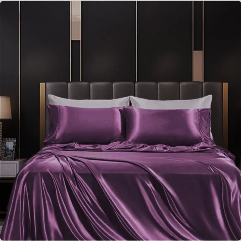 Solid Satin Bedding Set Including Duvet Covers, Bed Sheets, Pillowcases 220x240cm, Free Shipping