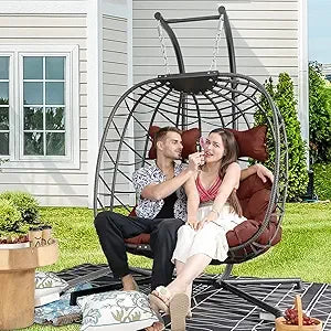 Double Egg Chair Outdoor Indoor, Oversized 2 Person Swing with Stand, All-Weather Wicker Hanging Loveseat, 700 LBS Heavy Duty P