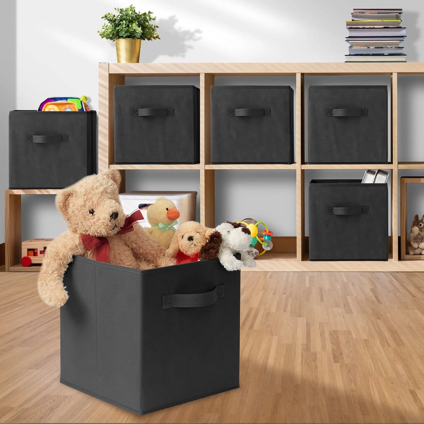 Set of 12 Fabric Storage Cube Bins, Black - 11" Collapsible Foldable Cloth Baskets for Shelves and Cubby Organizers