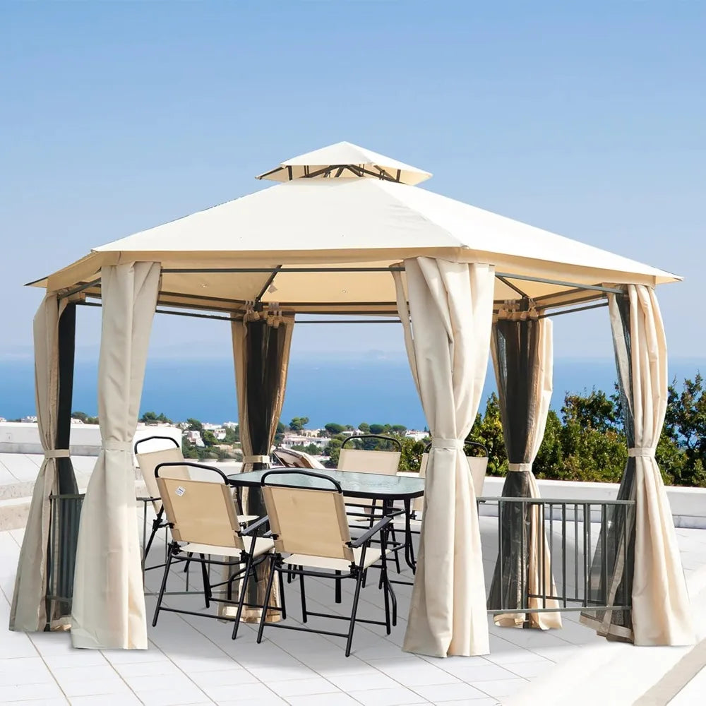 13' x 13' Patio Gazebo, Double Roof Hexagon Outdoor Gazebo Canopy Shelter with Netting & Curtains, Solid Steel Frame for Garden