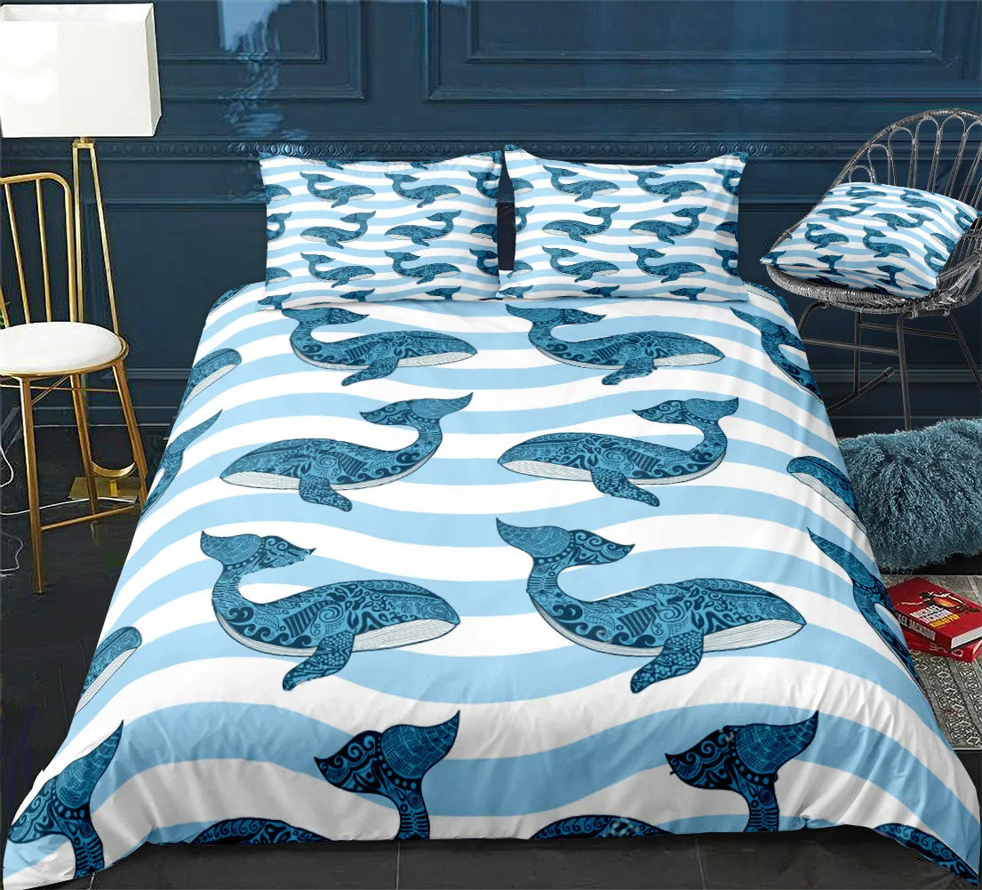 Ocean Duvet Cover Set Blue Whale Bedding Set Sea Animal Bed Linen Striped Beds Set Kids Teens Home Textile Microfiber Bedclothes