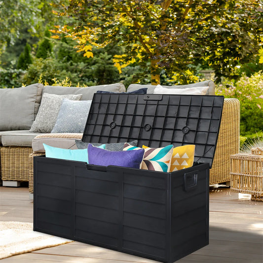 75gal Outdoor Garden Plastic Storage Deck Box Chest Tools Cushions Toys Lockable Seat