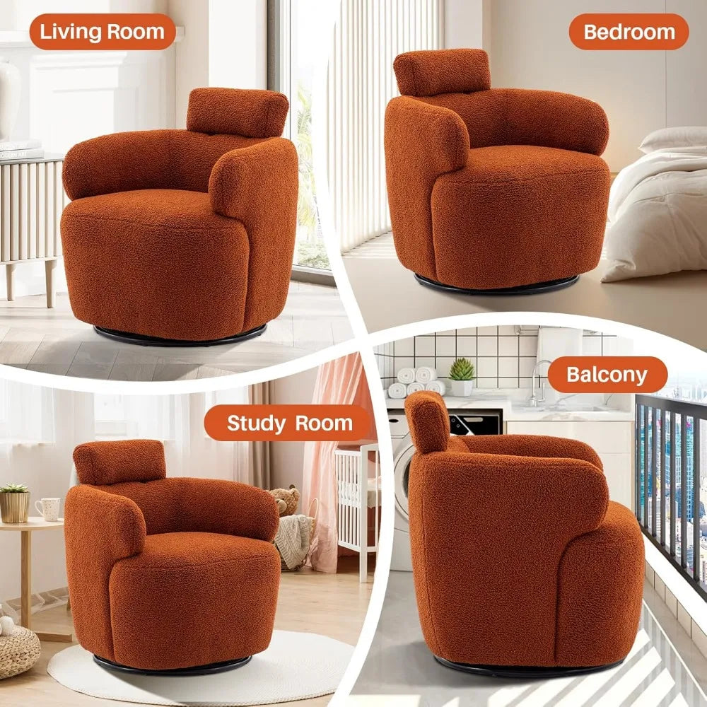Small Swivel Accent Chair, 360°Barrel Boucle Round Modern Armchair,Tufted Upholstered Single Sofa Chair with Adjustable Headrest