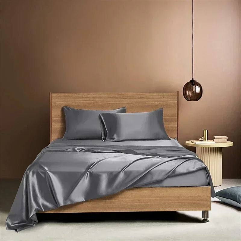 High End Satin Fabric Queen Size Bed Sheet Set Luxury Grade A Bed Linen Set Solid Silky King Size Bed Cover Set Bedsheet Sets