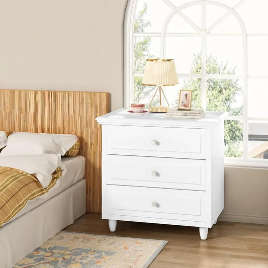 3 Drawers Nightstand, with Wood Legs,Modern White Drawers Dresser Bedside Nightstand,Ideal for Bedroom,Living Room