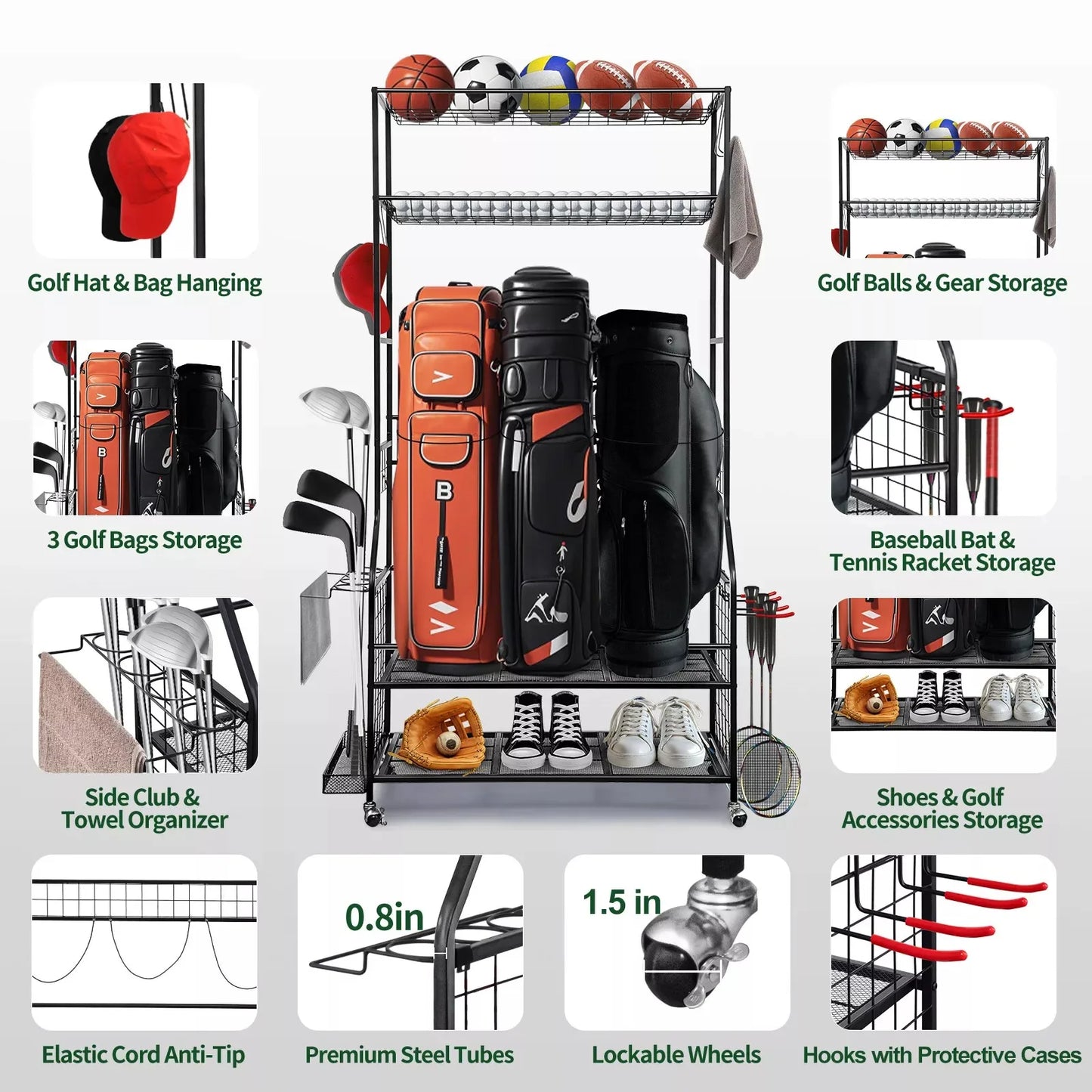 Golf Bag Storage Garage Organizer Fit for 3 Golf Bag Multifunction Home Storage Stand Holder for Sport Equipment organizers Rack