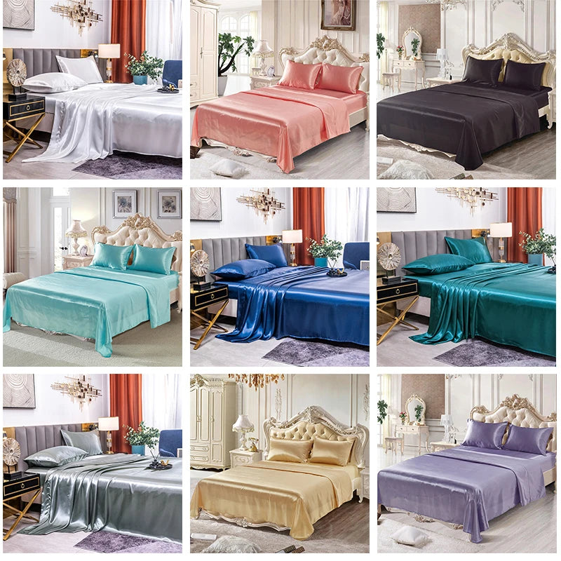 Home Living Luxury Smooth 3pcs Bedding Sets Solid Satin Pillow Case Flat Seet Fitted Sheet King Size Bedding Sets For Bedroom