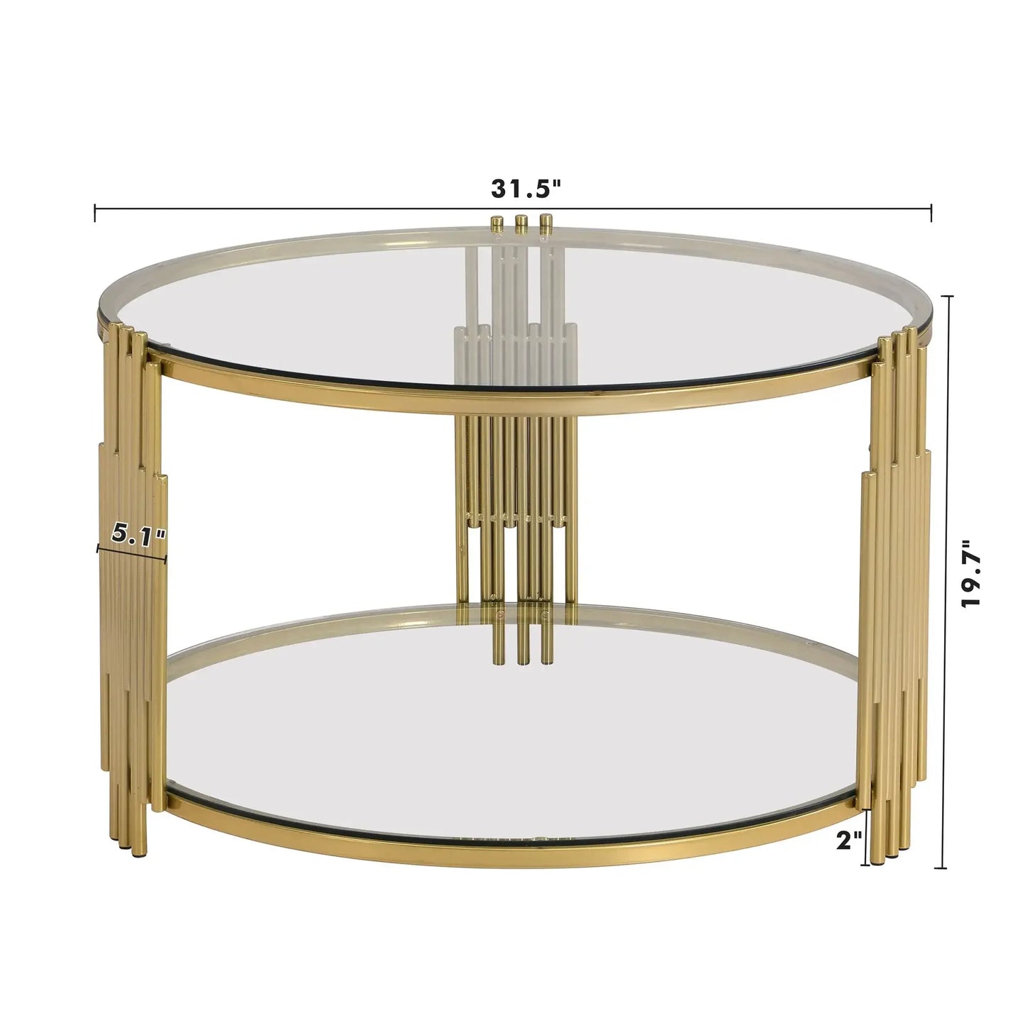 Modern Glass Coffee Table in 31.5", Asymmetrical Metal, Circular Metal Drum Base, Gold Finish & Lower Shelf,Café Tables