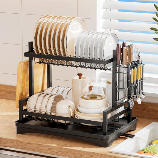 Dish Drying Rack，Kitchen organizers and storage,2-Tier Kitchen Organizers and Storage for Dishes, Bowls, Cutlery, Black