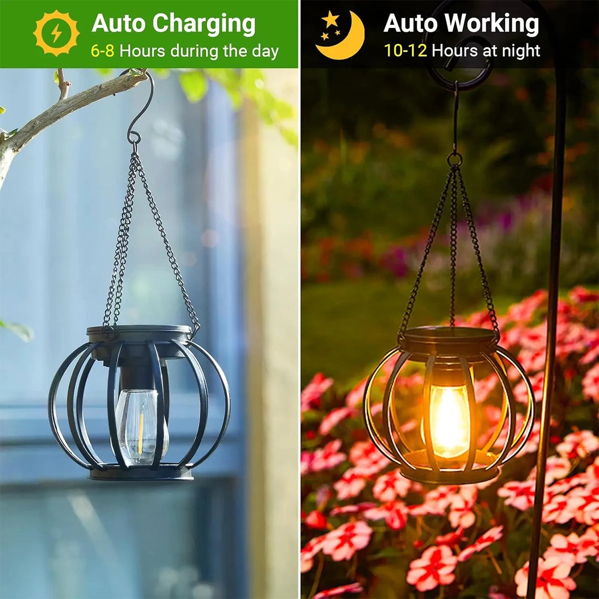 Solar Lantern Led Light Garden Lamps 3000k Daylight Sensor Lights Outdoor Waterproof With Durable Chain For/outdoor Metal Hollow