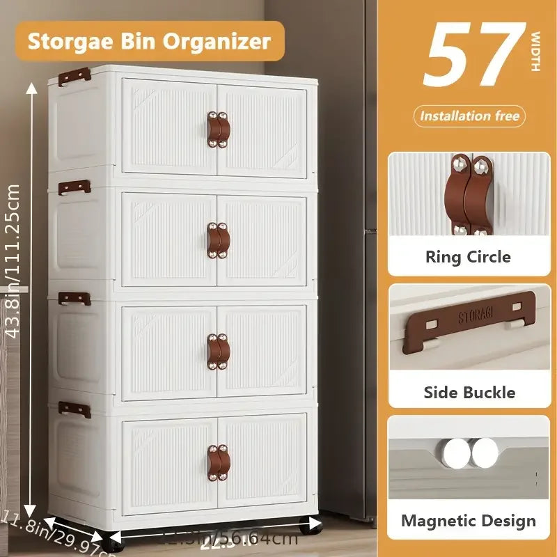 Multi-layer Foldable Double Door Plastic Storage Cabinet with Wheels - Large Capacity Organizer for Bedroom Living Room Kitchen