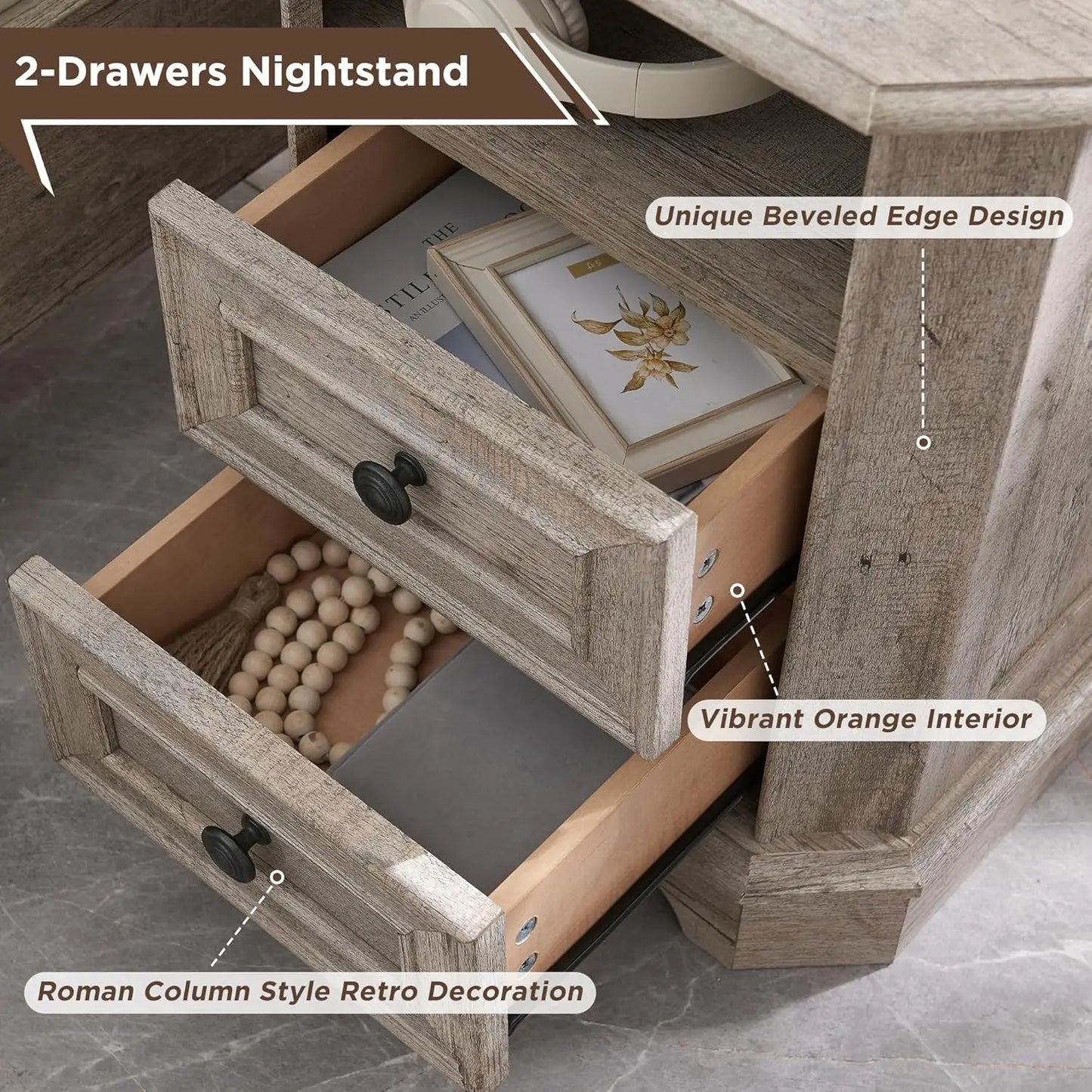 Farmhouse Nightstand with Charging Station, 18" End Table,Wood Side Table, Bedside Cabinet, Living Room (Light Rustic Oak)