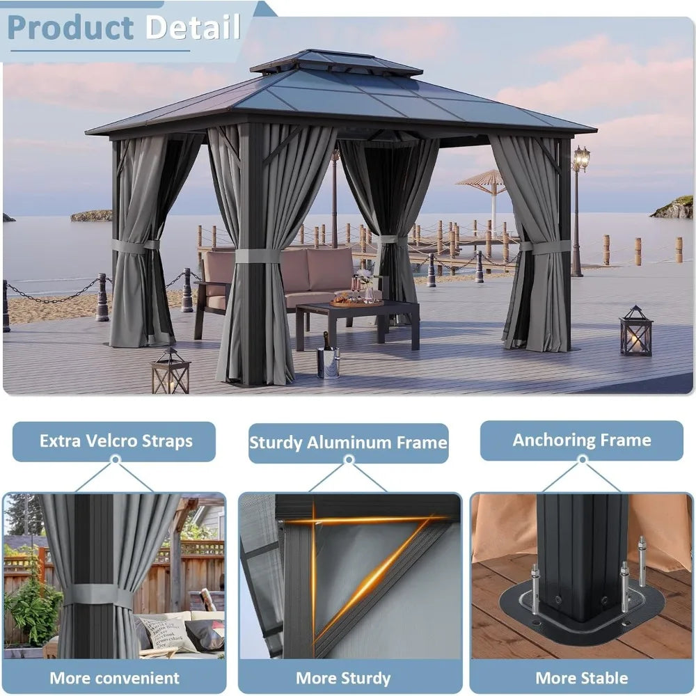 10'x12' Hardtop Gazebo, Aluminum-Framed Durable Pavilion with Curtains & Netting, Boasting A Dual-Layer Polycarbonate Roof