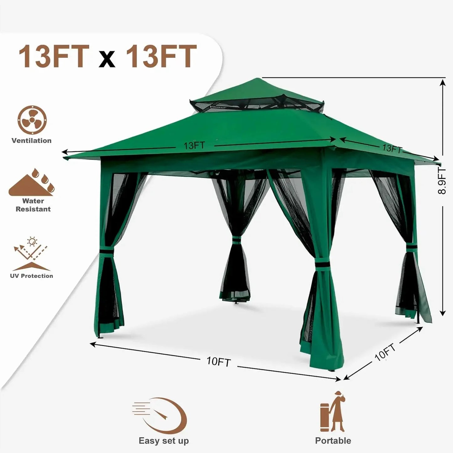 Patio Gazebo Outdoor Pop Up Gazebo with Mesh Walls (Forest Green, 13x13)
