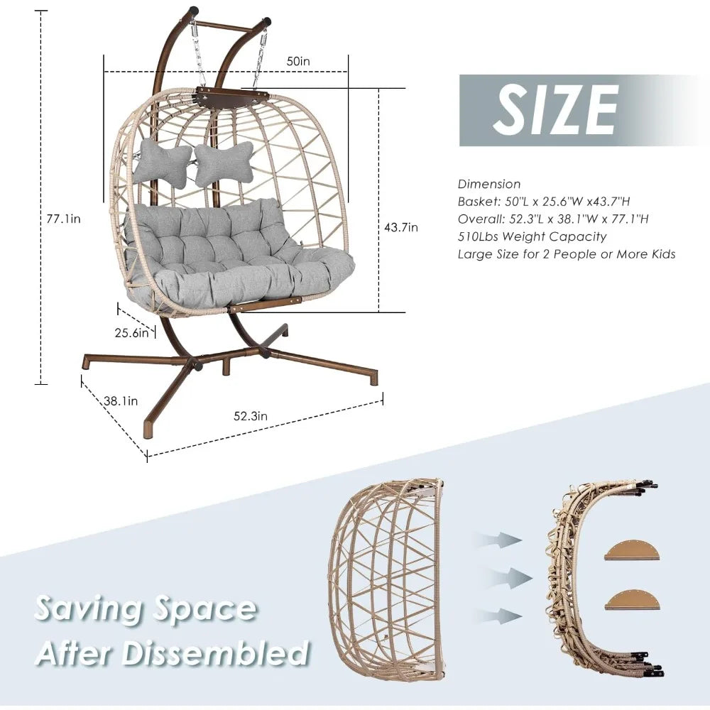 Double Egg Chair Outdoor Indoor, Oversized 2 Person Swing with Stand, All-Weather Wicker Hanging Loveseat, 700 LBS Heavy Duty P