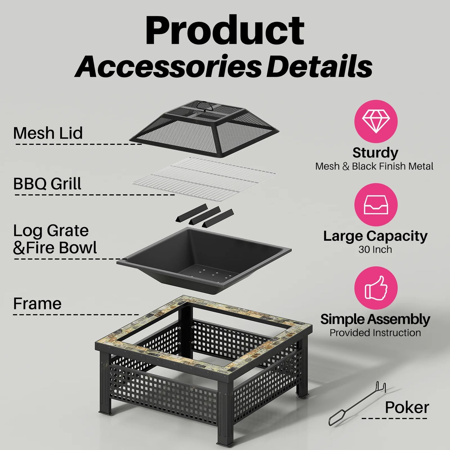 30 Inch Fire Pit, Square Outdoor Fireplace Table w/ Mesh Lid & Fire Poker, 3-in-1 Multipurpose Firepits for Yard, Garden, Patio