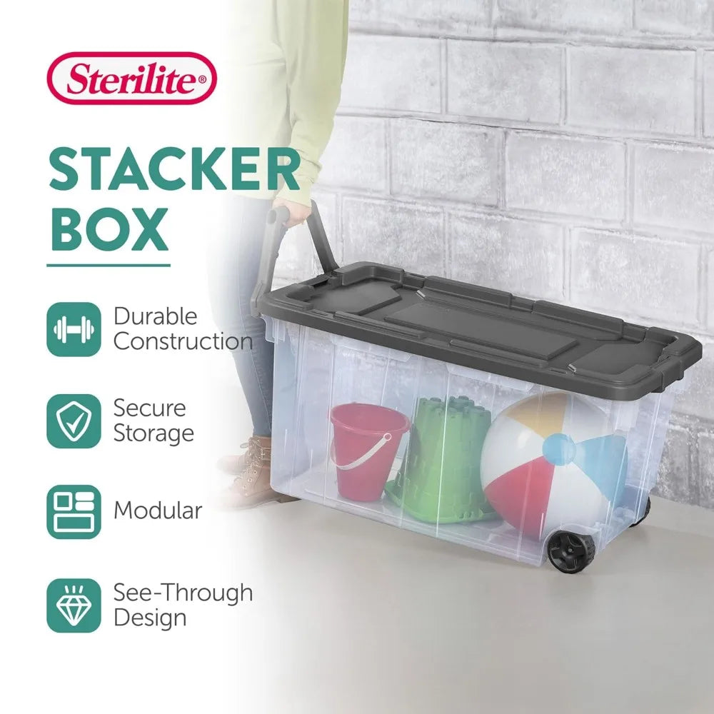 160 Quart Plastic Stacker Box, Lidded Storage Bin Container for Home and Garage Organizing, Shoes, Tools