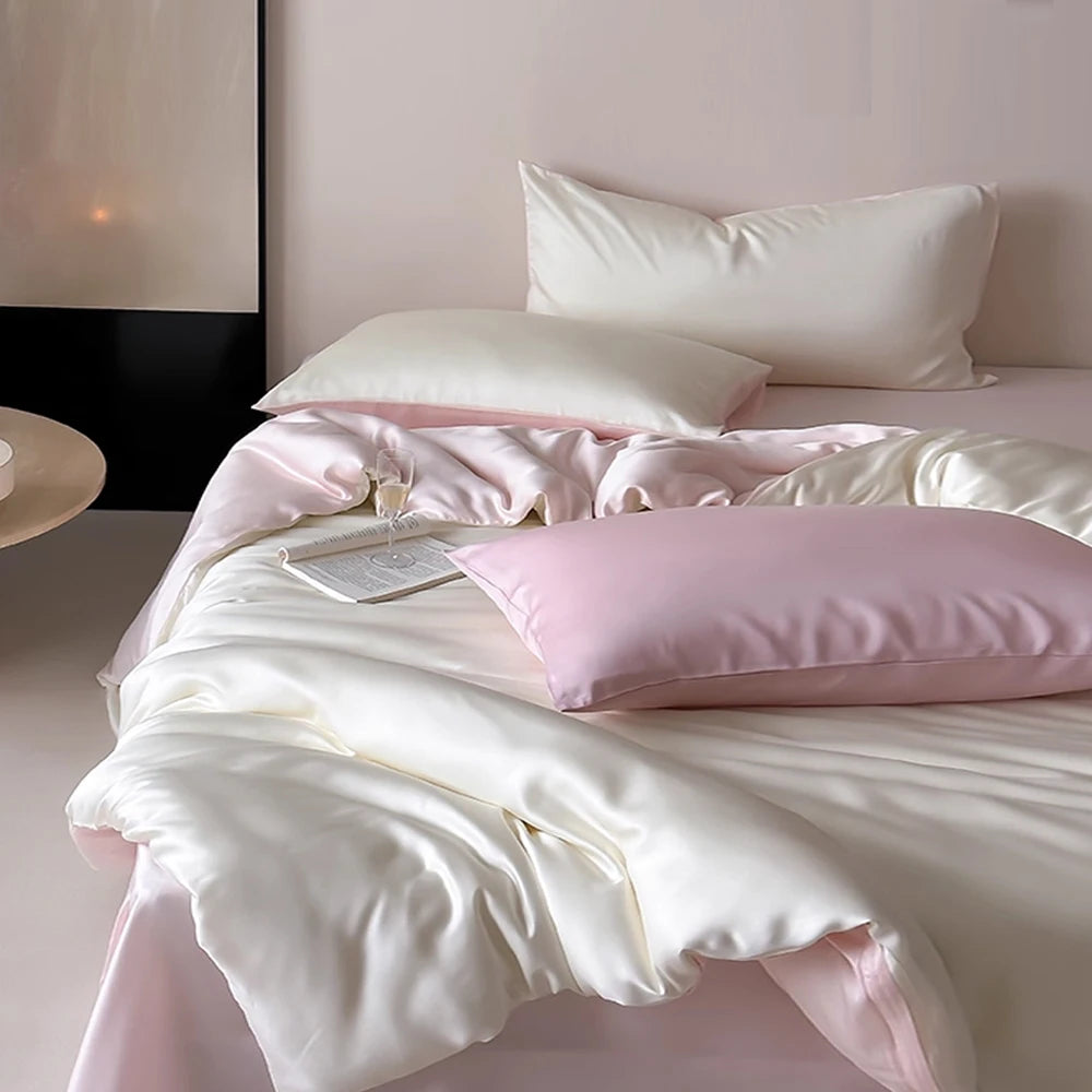 Lofuka Nature 100% Pure Silk Bedding Set Beauty Double Queen King White Blue Quilt Cover Flat Sheet Pillowcase For Healthy Sleep