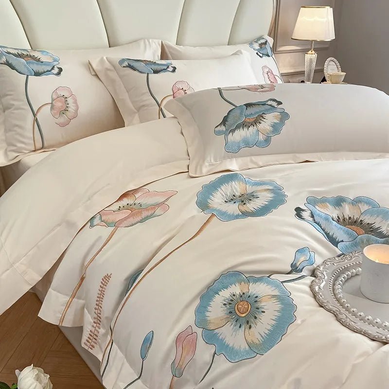 Chic Embroidery Blooming Beige Duvet Cover set 100%Cotton Soft Comfy Beddng set Bed Sheet Pillowcases Double Queen King 4Pcs