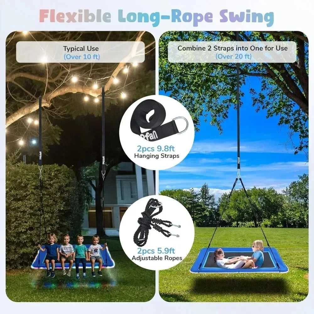 60 inch Platform Tree Swing w/LED Light, Large Outdoor Swing for Kids&Adult, Waterproof 900D Oxford Fabric, 9.8 FT Hanging Strap