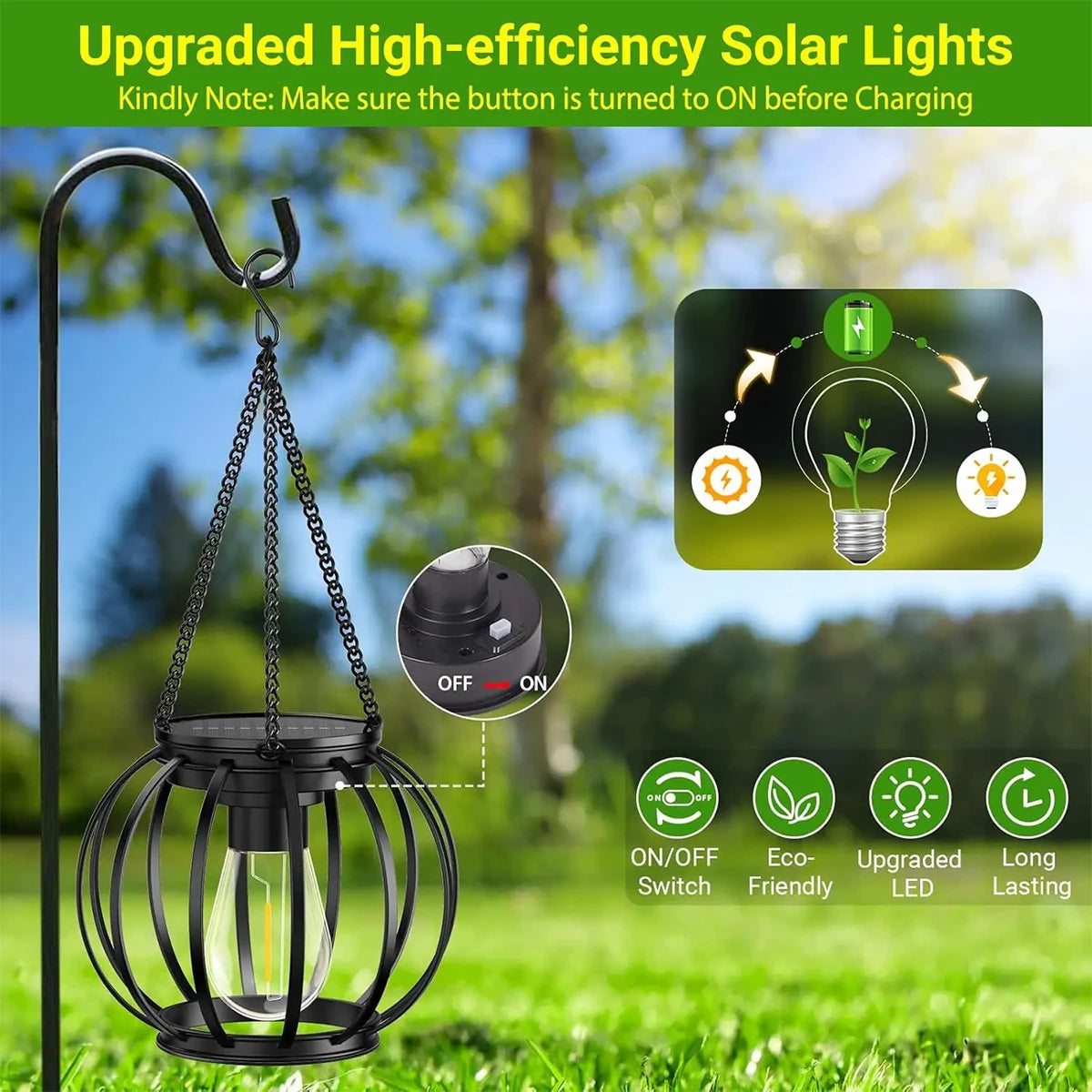 Solar Lantern Led Light Garden Lamps 3000k Daylight Sensor Lights Outdoor Waterproof With Durable Chain For/outdoor Metal Hollow
