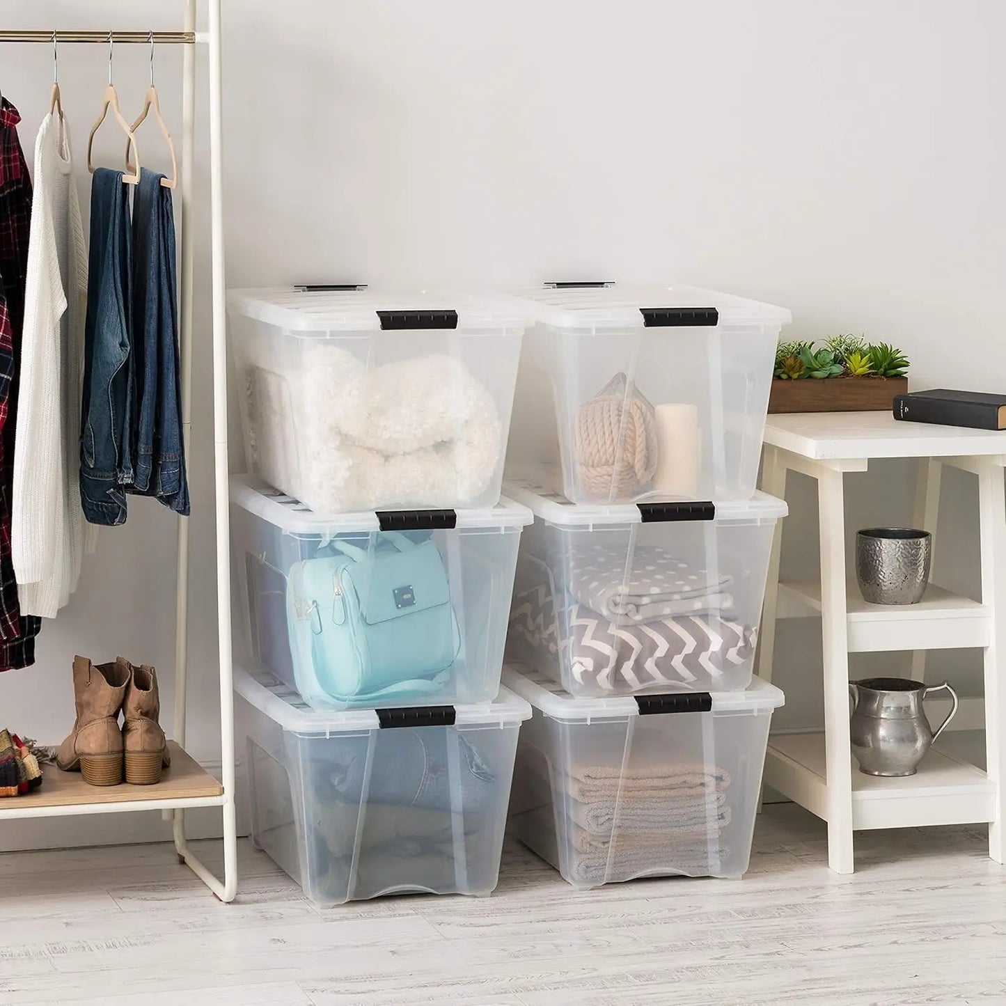 54 Qt Stackable Plastic Storage Bins with Lids, 6 Pack - BPA-Free, Made in USA - See-Through Organizing Solution,