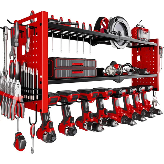 Popular Red Power Tool Organizer Wall Mount,Cordless Storage Rack 8 Drill Holder,3 Layers Heavy Duty Power Tool Storage Rackr