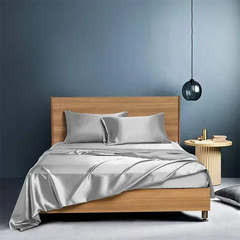 High End Satin Fabric Queen Size Bed Sheet Set Luxury Grade A Bed Linen Set Solid Silky King Size Bed Cover Set Bedsheet Sets