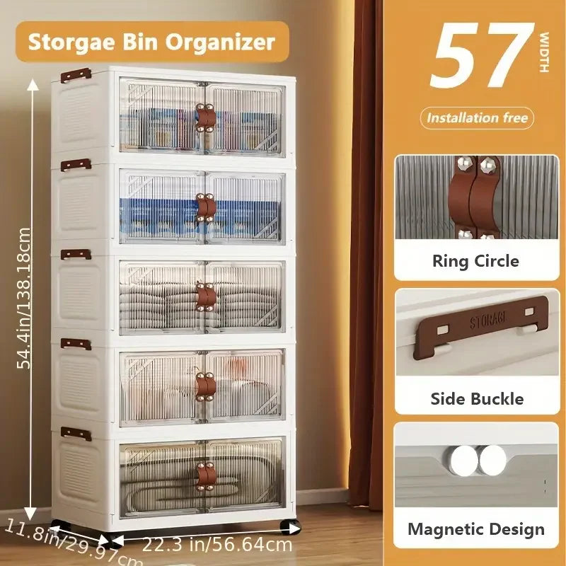 Multi-layer Foldable Double Door Plastic Storage Cabinet with Wheels - Large Capacity Organizer for Bedroom Living Room Kitchen