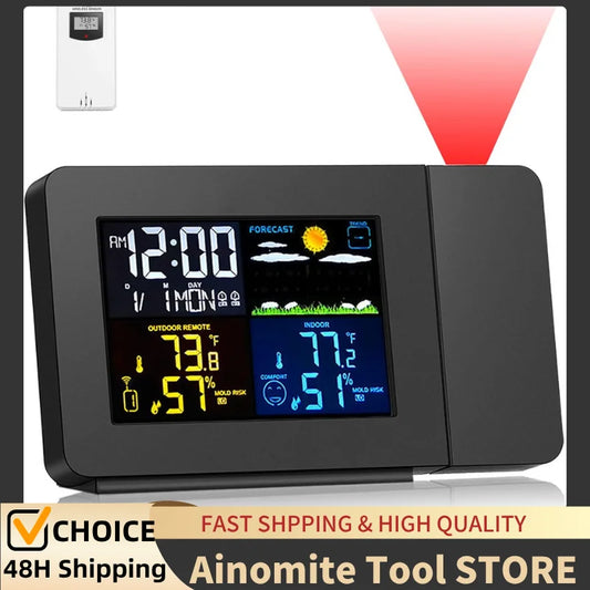 Smart Atomic Clock with Wireless Sensor - Auto Sync, Ceiling Projection, Temperature & Humidity Display for Home & Office